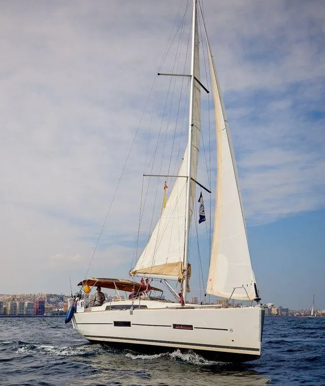 Slide: The Image of 2016 Dufour 382 Grand Large sailboat cruising on open water. - 3