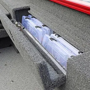 Slide: The Image of 2025 Lund ADVENTURE 1675 SS boat storage compartment with organized tackle boxes. - 11