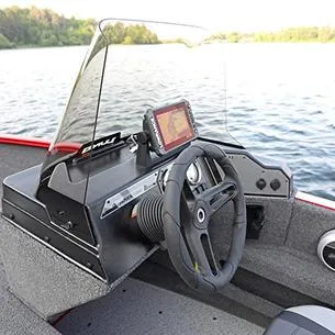 Slide: The Image of 2025 Lund ADVENTURE 1675 SS boat dashboard with steering wheel and navigation system. - 6