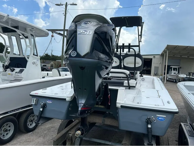 Slide: The Image of 2025 Tidewater 25 TPC Raptor boat with powerful 250 engine, parked on trailer. - 12