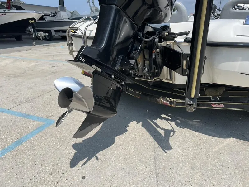 Slide: The Image of 2010 Bass Cat Boats Pantera IV with outboard motor and propeller in a marina setting. - 9