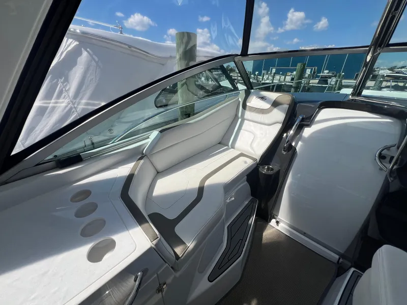 Slide: The Image of Interior of 2017 Monterey 355 Sport Yacht with sleek seating and modern design. - 18