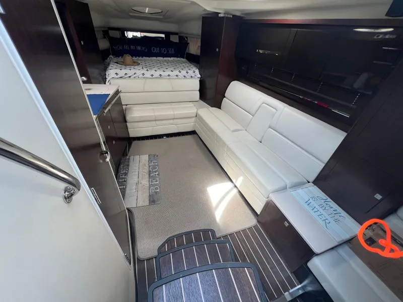 Slide: The Image of Luxurious interior of 2017 Monterey 355 Sport Yacht with white leather seating and modern design. - 38