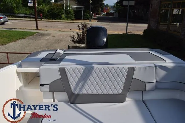 Slide: The Image of 2025 Bayliner VR5 Bowrider Outboard boat interior with Thayer's Marine logo. - 38