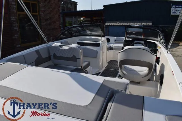 Slide: The Image of 2025 Bayliner VR5 Bowrider Outboard interior at Thayer's Marine dealership. - 42