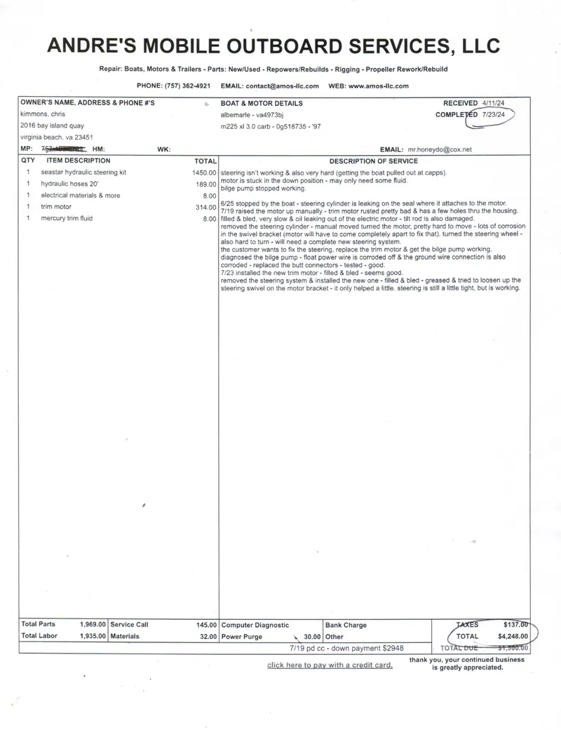 Slide: The Image of Invoice from Andre's Mobile Outboard Services for 1982 Albemarle 24 boat repairs. - 11