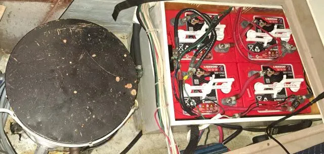 Slide: The Image of Battery setup in a 1987 C&C 38 MKIII sailboat engine compartment. - 22