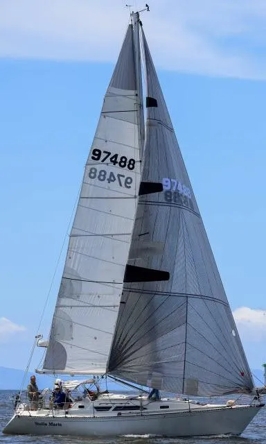 Slide: The Image of 1987 C&C 38 MKIII sailboat on open water under clear skies. - 29