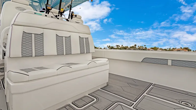 Slide: The Image of 2021 Invincible 42 Center Console Cabin with sleek seating and modern design. - 17