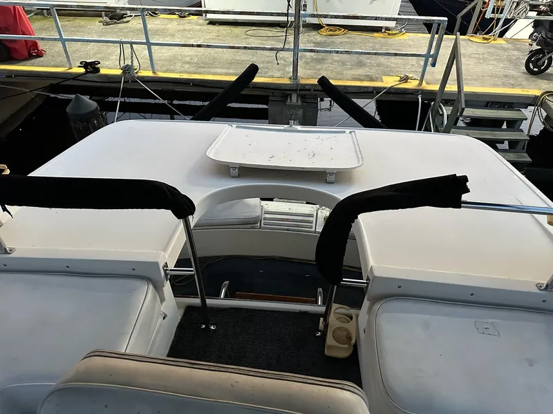 Slide: The Image of Cockpit view of 1986 Cytra Bavaria 40 yacht docked at marina. - 3