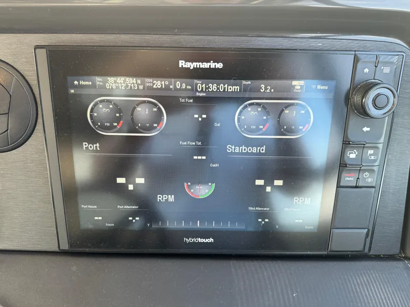 Slide: The Image of Raymarine display on 2017 Sea Ray Sundancer 460 showing navigation and engine data. - 35