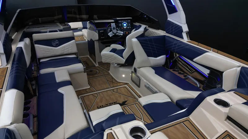 Slide: The Image of Luxurious interior of 2024 Tigé Ultré 23ZX boat with modern seating and dashboard. - 15