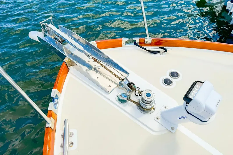 Slide: The Image of 1995 Grand Banks 38 Eastbay EX boat deck with anchor and winch system. - 18