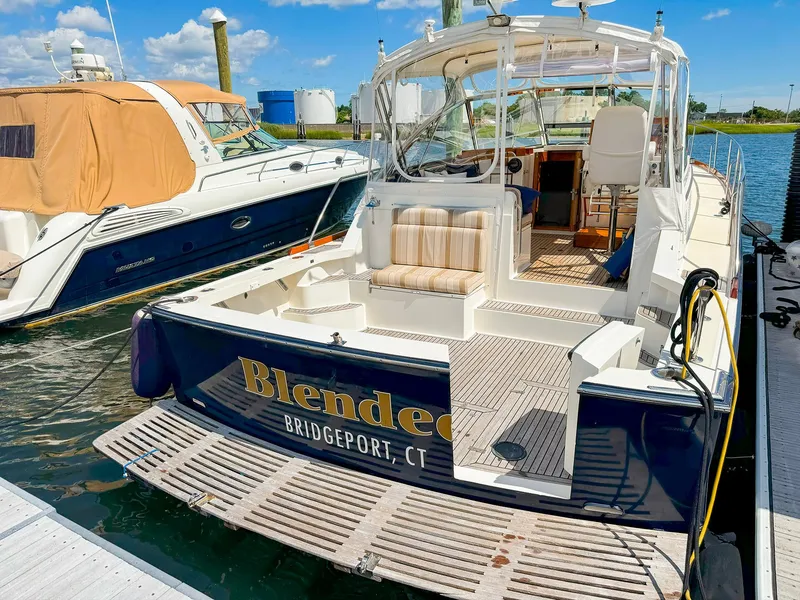Slide: The Image of 1995 Grand Banks 38 Eastbay EX docked in Bridgeport, CT marina. - 2