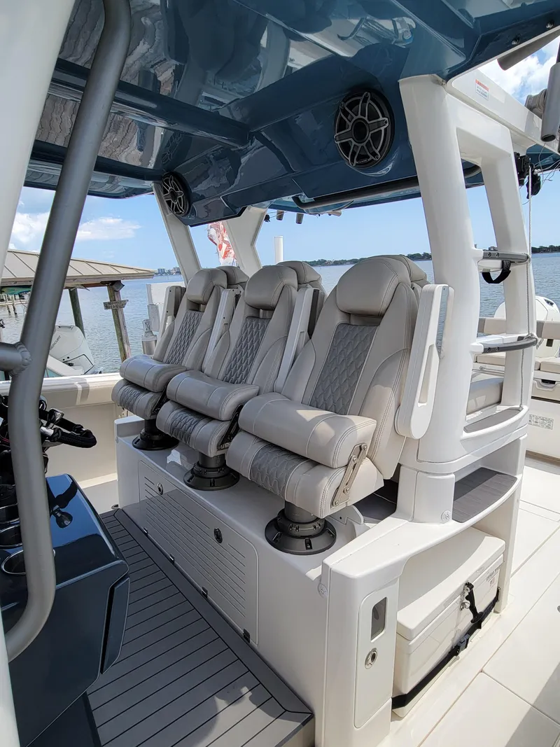 Slide: The Image of 2023 Solace 41 CS boat interior with luxurious seating and modern design. - 28