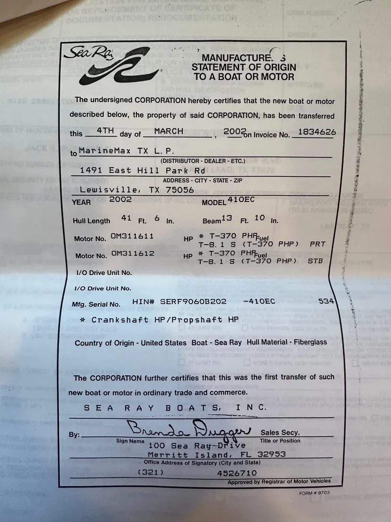 Slide: The Image of 2002 Sea Ray 410 Express Cruiser manufacture statement of origin document. - 49