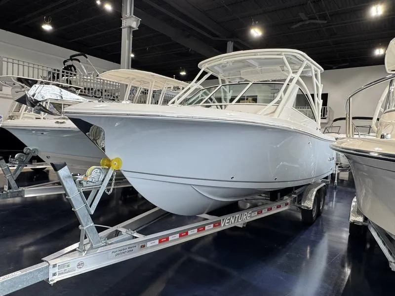 Slide: The Image of 2025 Sailfish 245 DC boat on trailer in showroom. - 3