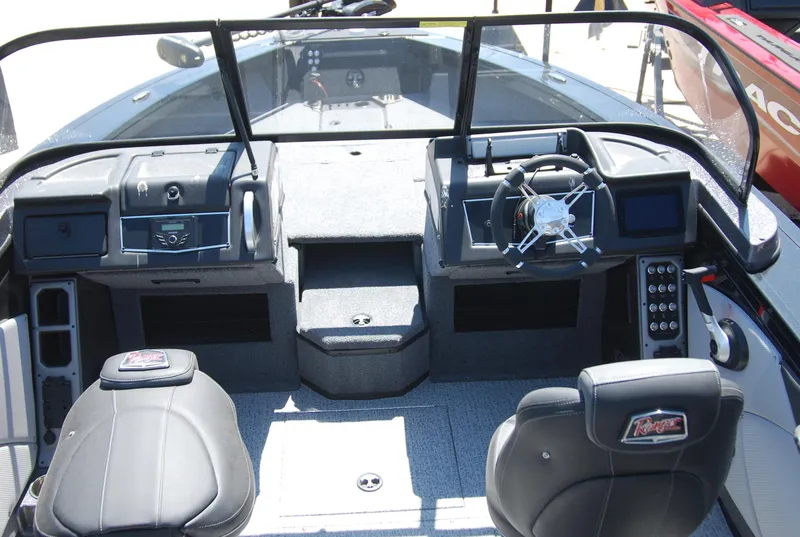 Slide: The Image of 2024 Ranger VX1888 WT boat interior with dual consoles and steering wheel. - 2