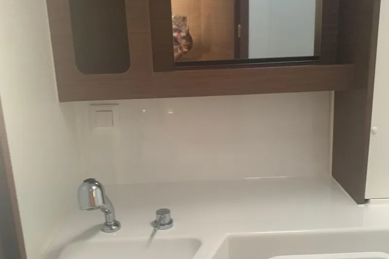 Slide: The Image of Bathroom sink area in a 2019 Lagoon 42 yacht, featuring modern fixtures and cabinetry. - 19