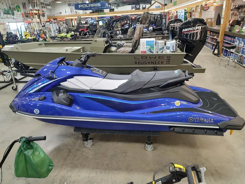 Slide: The Image of 2024 Yamaha WaveRunner GP SVHO in showroom, blue color, side view. - 7