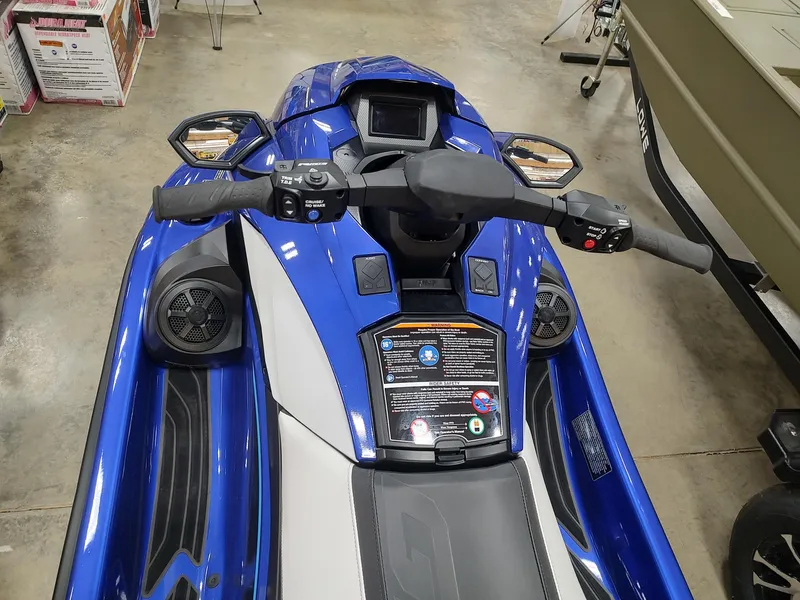Slide: The Image of 2024 Yamaha WaveRunner GP SVHO, blue and white, top view of handlebars and seat. - 9