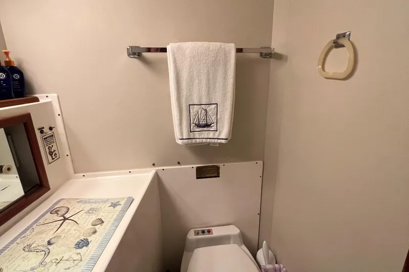 Slide: The Image of Bathroom of 1977 Bertram 42 Motor Yacht with nautical-themed decor. - 31