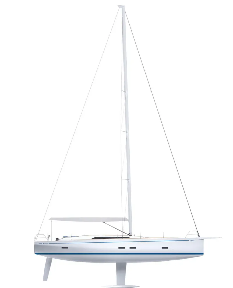 Slide: The Image of 2025 Grand Soleil 52 Performance sailboat, sleek design, side view, white hull, modern sailing yacht. - 20