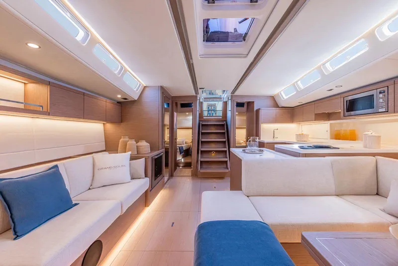 Slide: The Image of Luxurious interior of 2025 Grand Soleil 52 Performance yacht, featuring modern design and spacious seating. - 30