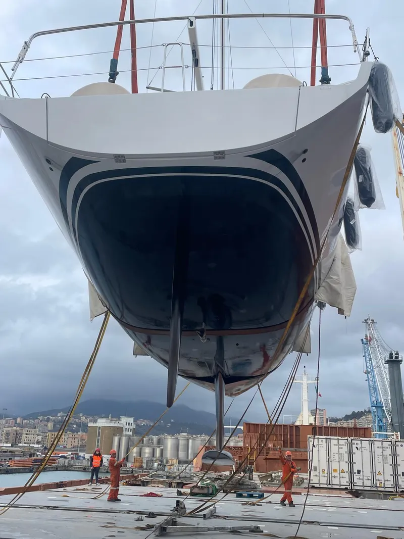 Slide: The Image of Grand Soleil 52 Performance yacht, 2025 model, suspended at dockyard. - 42