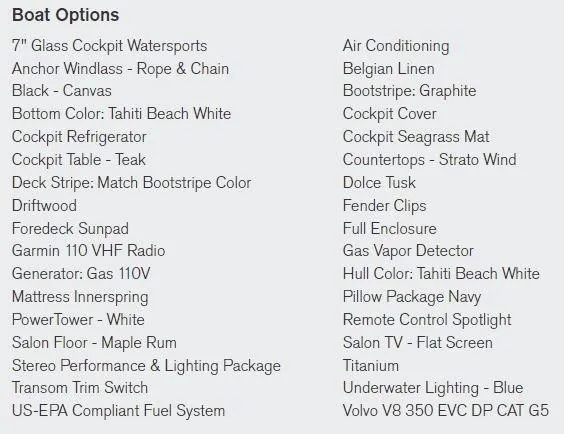 Slide: The Image of 2021 Regal 28 Express boat options list with various features and amenities. - 9