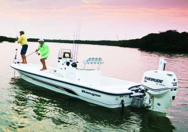 Slide: The Image of 2009 Ranger 2200 Bay Ranger boat with anglers fishing at sunset on calm waters. - 34