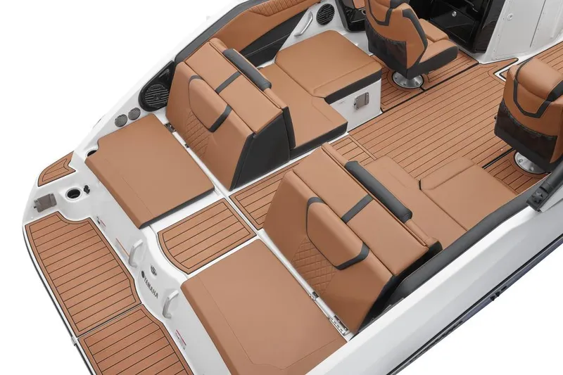 Slide: The Image of 2026 Yamaha Boats 222SD interior with tan seating and sleek design. - 4