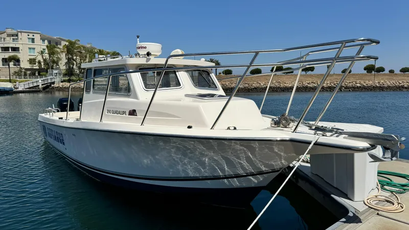 Slide: The Image of 2014 Defiance Guadalupe 290 EX boat docked in a marina under clear blue skies. - 13