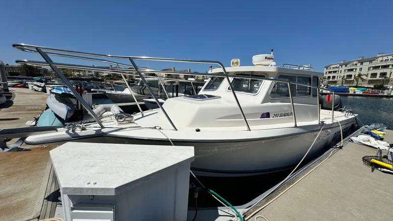 Slide: The Image of 2014 Defiance Guadalupe 290 EX boat docked at marina under clear blue sky. - 20