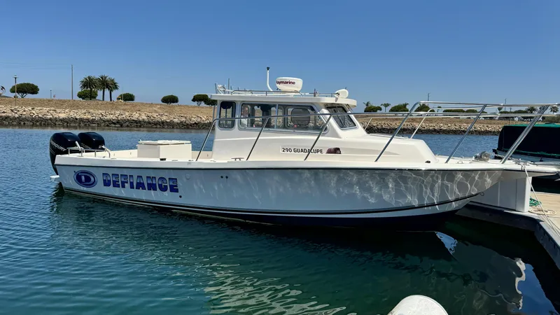 Slide: The Image of 2014 Defiance Guadalupe 290 EX boat docked in a marina under clear blue skies. - 21