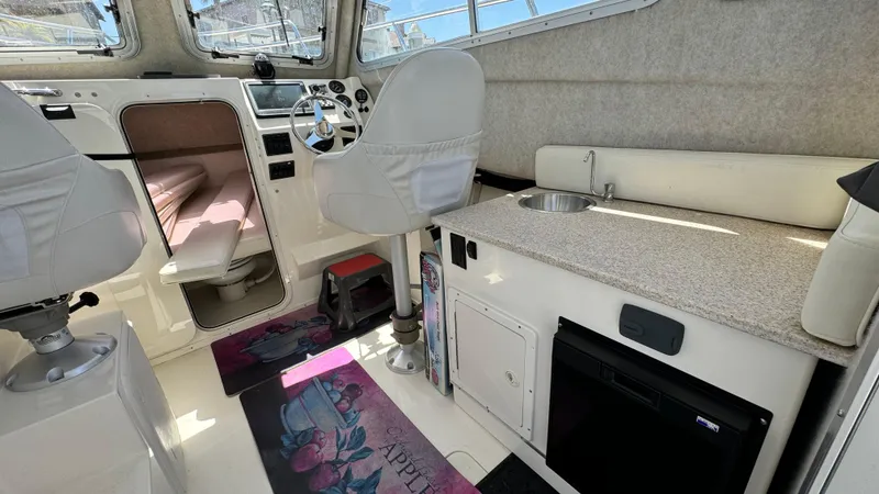 Slide: The Image of Interior of 2014 Defiance Guadalupe 290 EX boat with seating, kitchenette, and steering area. - 3