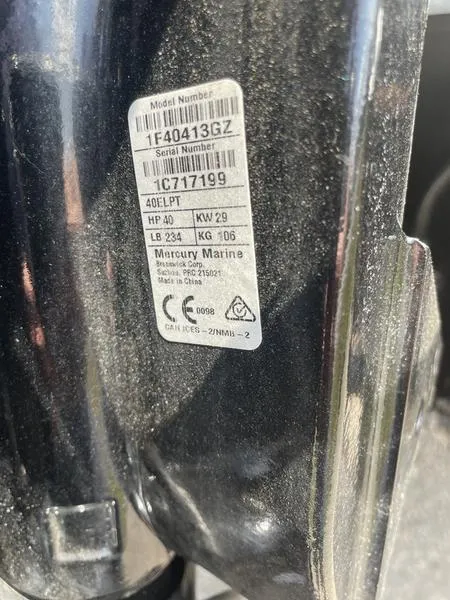 Slide: The Image of Close-up of a Mercury Marine engine label on a 2023 Lund 1600 Fury. - 12