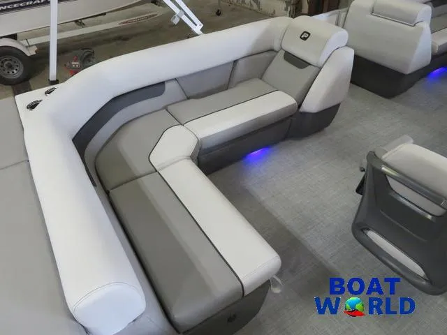 Slide: The Image of 2025 Princecraft Vectra 21 Cruise Lounge Pontoon interior with modern seating and ambient lighting. - 16