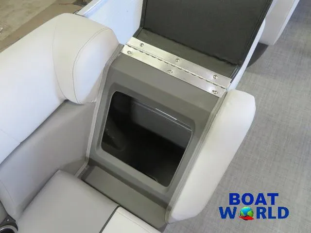 Slide: The Image of 2025 Princecraft Vectra 21 Cruise Lounge Pontoon seat storage compartment, Boat World logo visible. - 21
