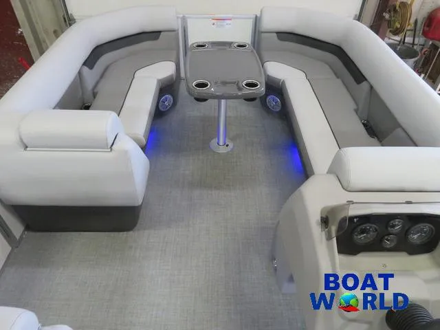 Slide: The Image of 2025 Princecraft Vectra 21 Cruise Lounge Pontoon interior with seating and table. - 22