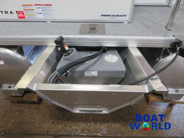 Slide: The Image of 2025 Princecraft Vectra 21 Cruise Lounge Pontoon fuel compartment, Boat World logo visible. - 31