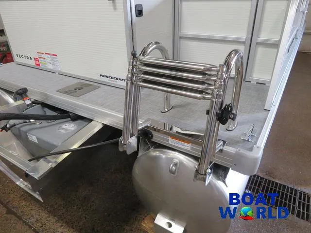 Slide: The Image of 2025 Princecraft Vectra 21 Cruise Lounge Pontoon with ladder and Mercury 4-Stroke engine. - 32