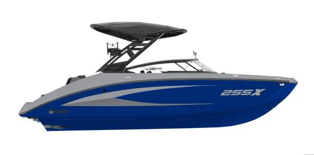 Slide: The Image of 2025 Yamaha Boats 255XD, sleek blue and gray design, modern watercraft. - 20
