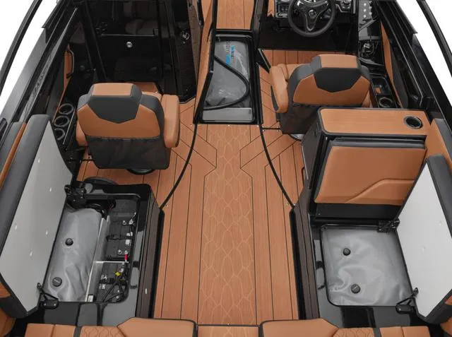 Slide: The Image of 2025 Yamaha Boats 255XD interior with tan seating and modern design. - 3