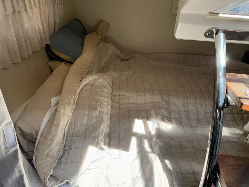 Slide: The Image of Cozy cabin bed inside 2017 Regal 28 Express boat with sunlight streaming in. - 47