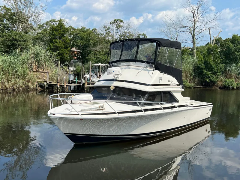 Slide: The Image of 1990 Bertram 28 Flybridge boat on calm water, surrounded by lush greenery. - 8