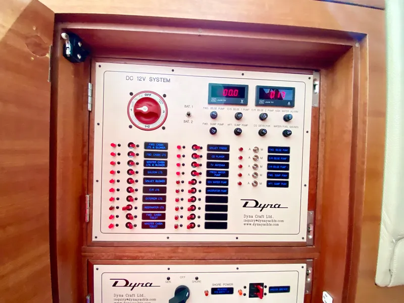 Slide: The Image of Dyna 52 yacht electrical panel, 2014 model, featuring DC 12V system controls and indicators. - 47