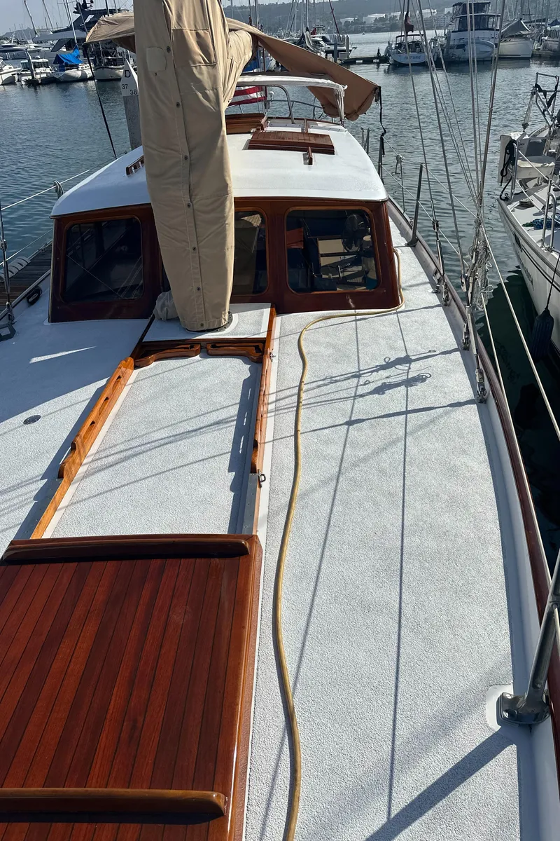 Slide: The Image of Wooden hatch on 1969 Calkins 50 Pilot House boat deck. - 11