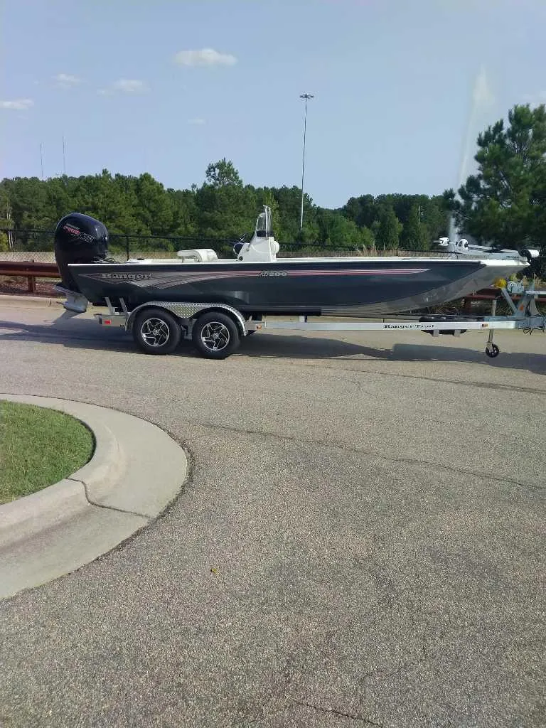 Slide: The Image of 2024 Ranger RB200 boat on trailer in a parking lot. - 5