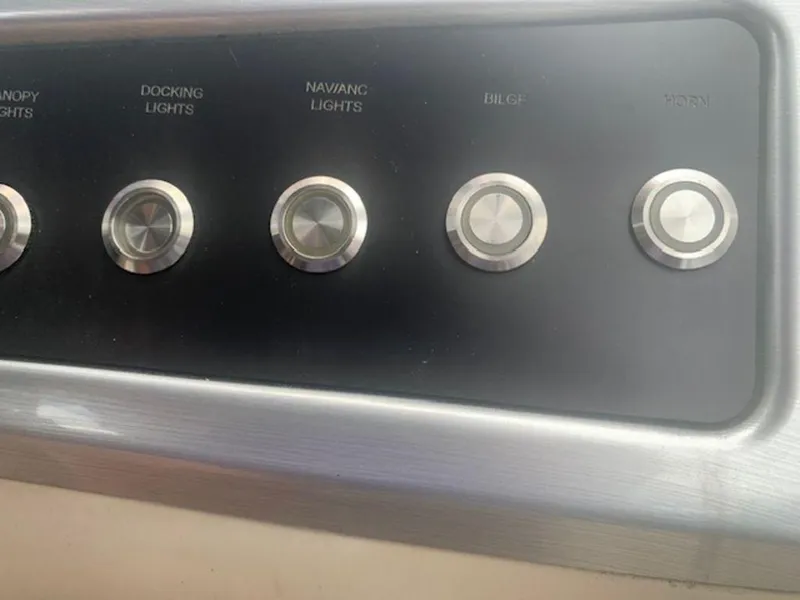 Slide: The Image of Control panel of 2020 Regency 230 DL3 boat with labeled buttons for lights and bilge. - 18